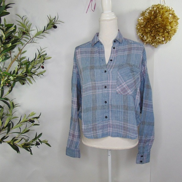 Free People Blue Plaid Blouse - Picture 1 of 10